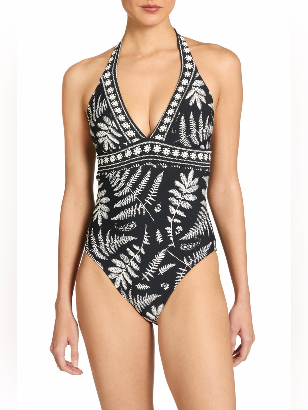 Robin Piccone Hailey Halter One Piece Swimsuit Women’s Size 6 Black Ecru NWOT